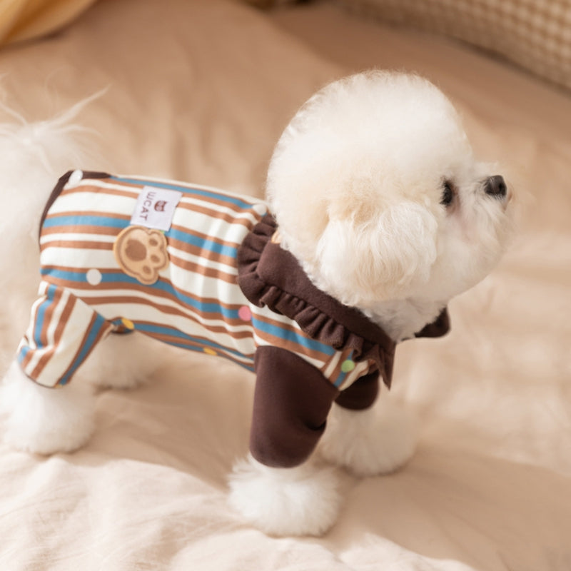 Cute Bear Patch Striped Pet Onesie, Ruffled Collar Dog Jumpsuit With Paw Print Detail For Small Dogs