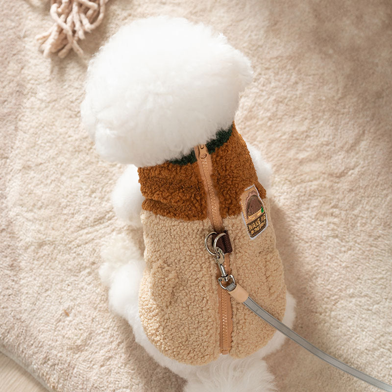 Wake Me In The Spring Squirrel Patch Pet Fleece Jacket, Color-Block Dog Coat With Leash Ring  Pockets