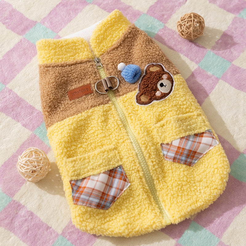 Cute Bear Embroidered Pet Fleece Jacket With Plaid Pockets, Warm Zippered Dog Coat With Leash Ring For Small Dogs