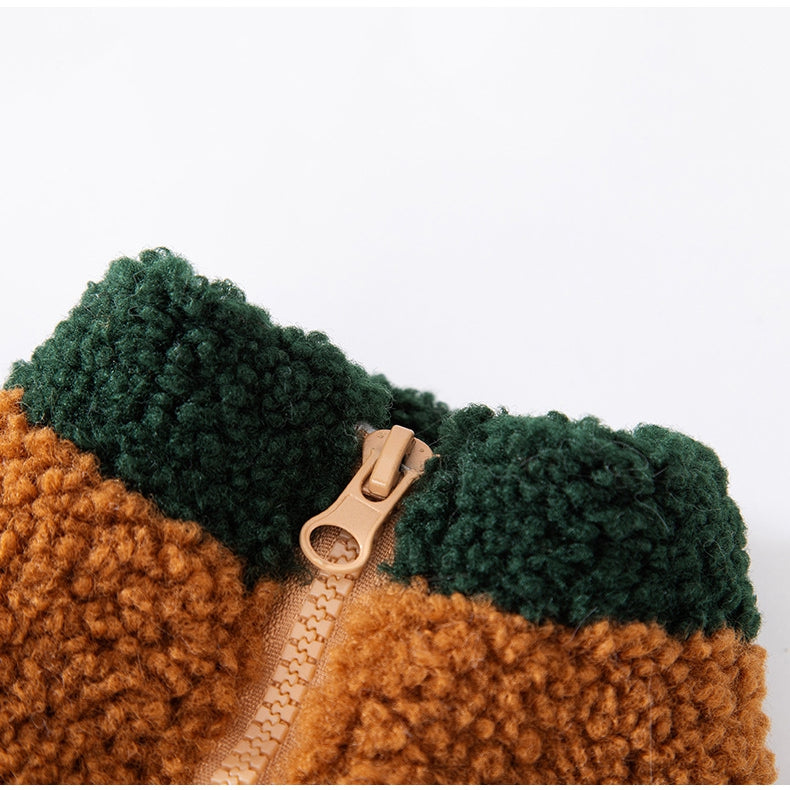 Wake Me In The Spring Squirrel Patch Pet Fleece Jacket, Color-Block Dog Coat With Leash Ring  Pockets