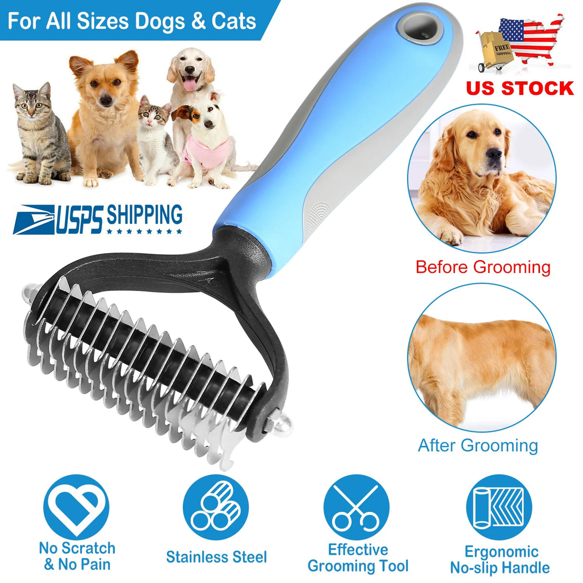 Dog Grooming Rakes 2 Sided Undercoat Rake Pet DeMat