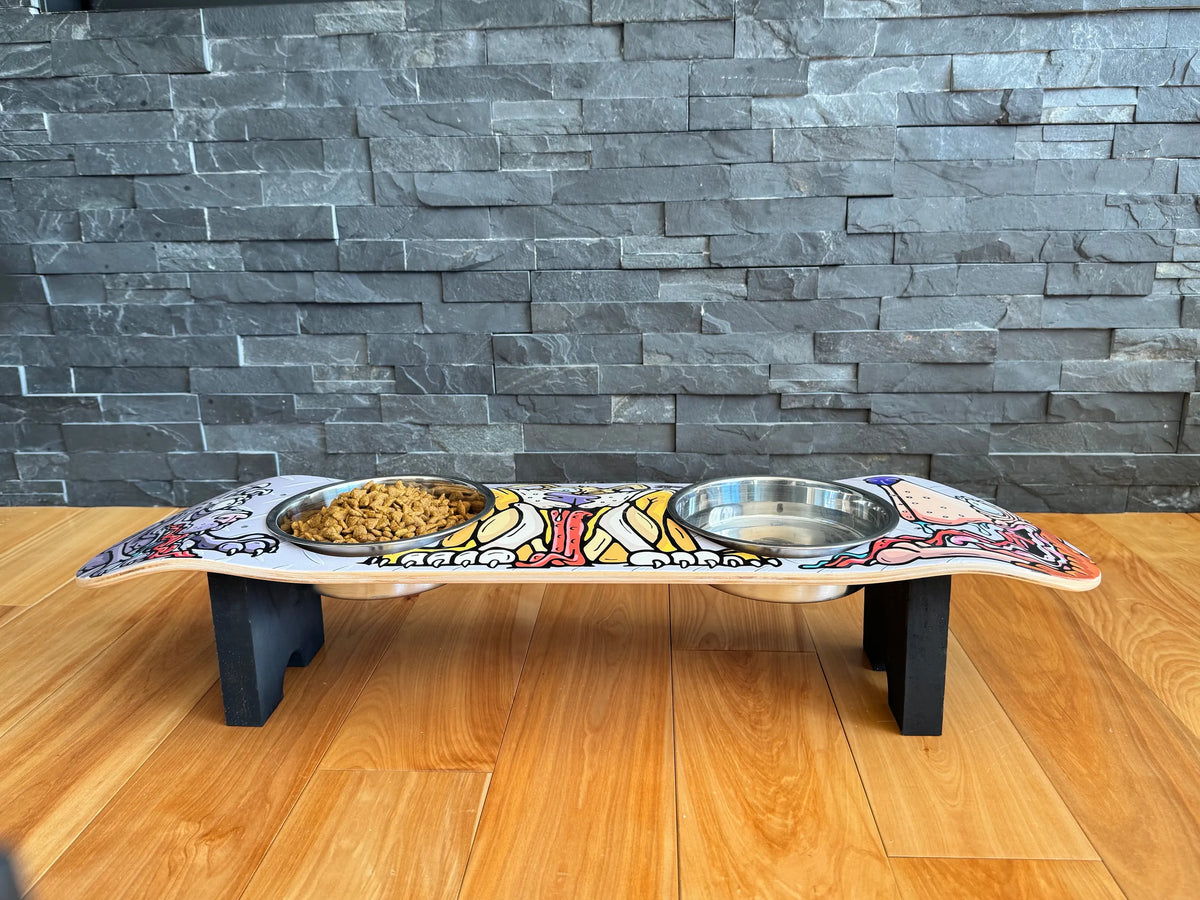 Fly Doggy - Elevated Skateboard Dog Feeding Stand with 2 Bowls