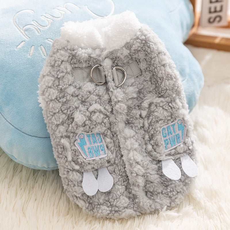 Cozy Winter Plush Dog Jacket Soft Fleece Lining Adorable Patches Design Pet Coat For Small Medium Dogs With D Ring