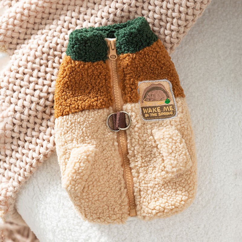 Wake Me In The Spring Squirrel Patch Pet Fleece Jacket, Color-Block Dog Coat With Leash Ring  Pockets