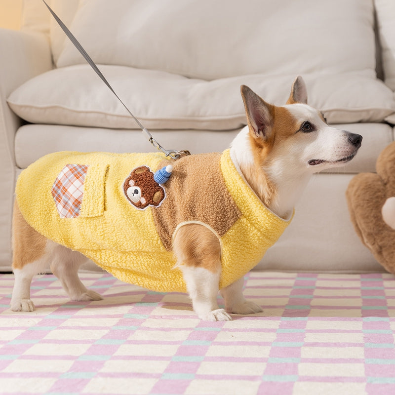 Cute Bear Embroidered Pet Fleece Jacket With Plaid Pockets, Warm Zippered Dog Coat With Leash Ring For Small Dogs