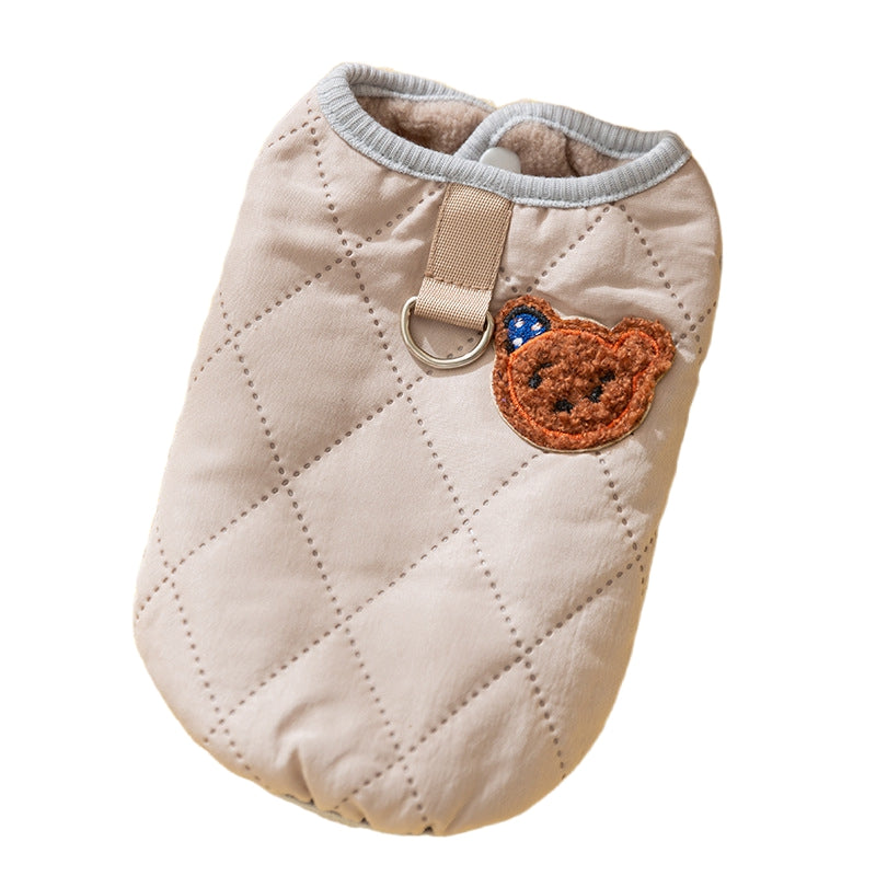 Cute Bear Patch Quilted Pet Vest, Warm Padded Dog Gilet For Small Dogs With Retro Style