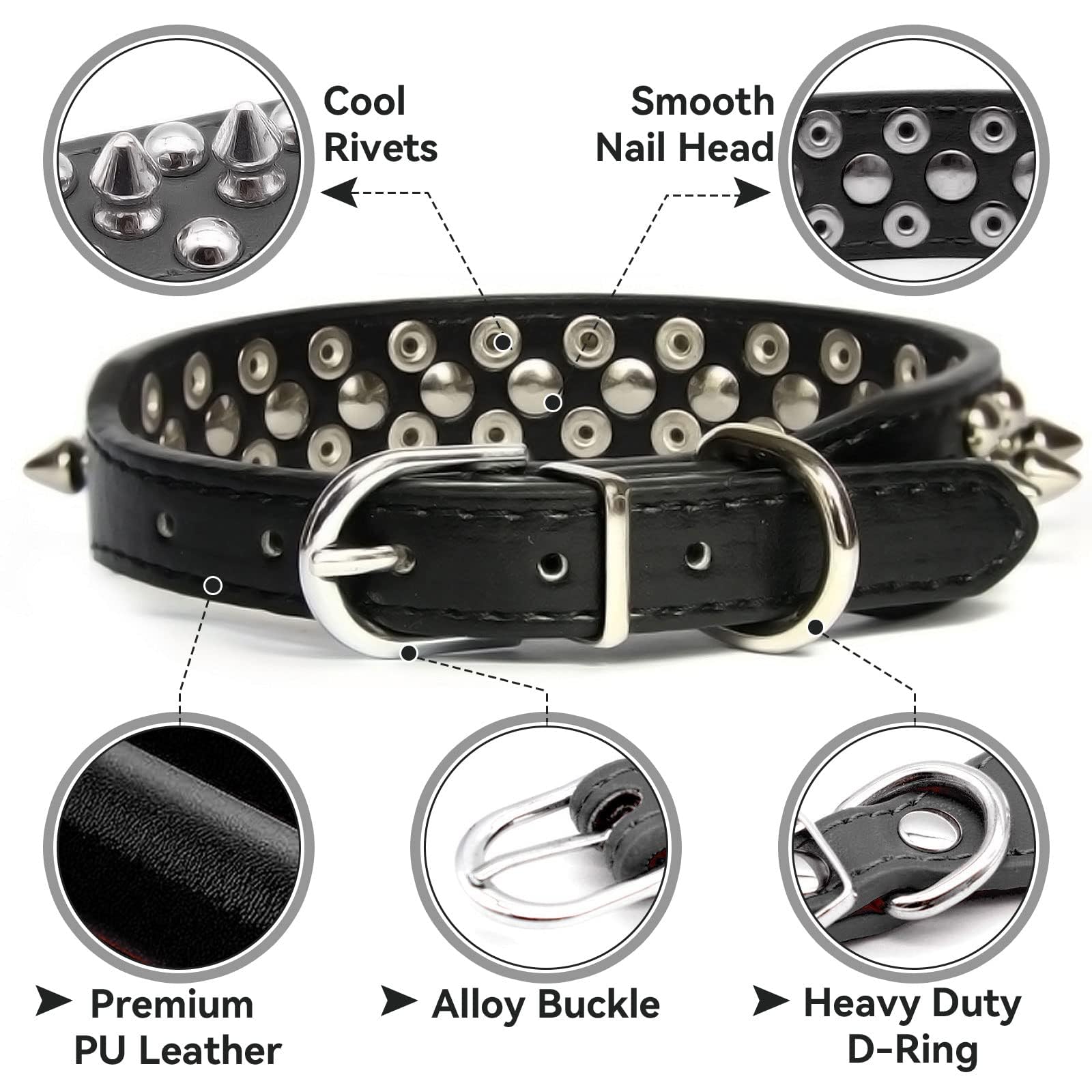 Small Spiked Black Dog Cat Collar For Small Medium Dogs Boy Male - Adjustable Studded Puppy Collars - Soft Padded Punk Leather Dog Collar For Chihuahua French Bulldog Pug