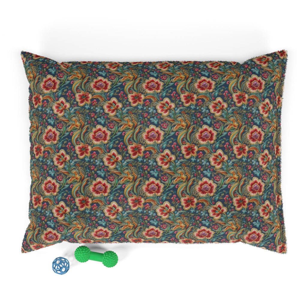 Crimson Blossoms on Teal Vintage Brocade Pattern - Pet Bed Pet Zen