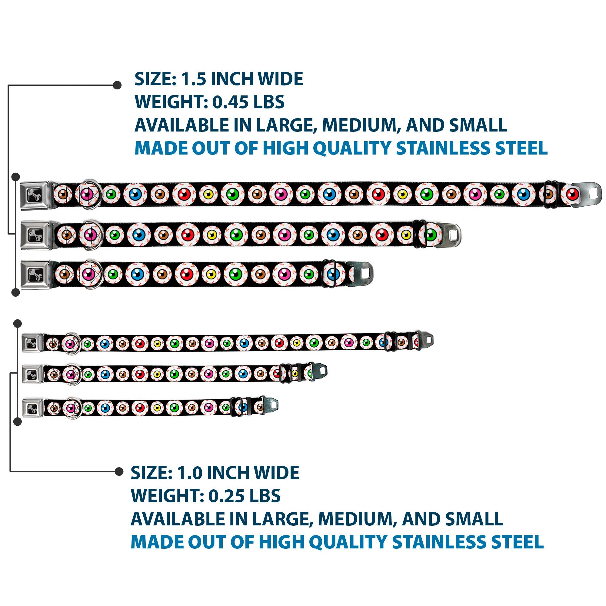Dog Bone Seatbelt Buckle Collar - Eyeballs Black/Multi Color
