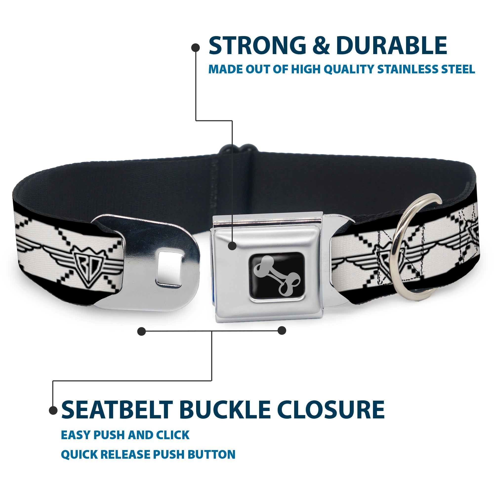 Dog Bone Seatbelt Buckle Collar - BD Monogram2 White/Black
