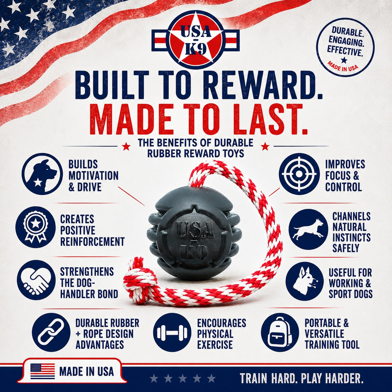 USA-K9 Magnum Stars and Stripes Rubber Dog Toy | K9 Handler Reward Toy | USA Made