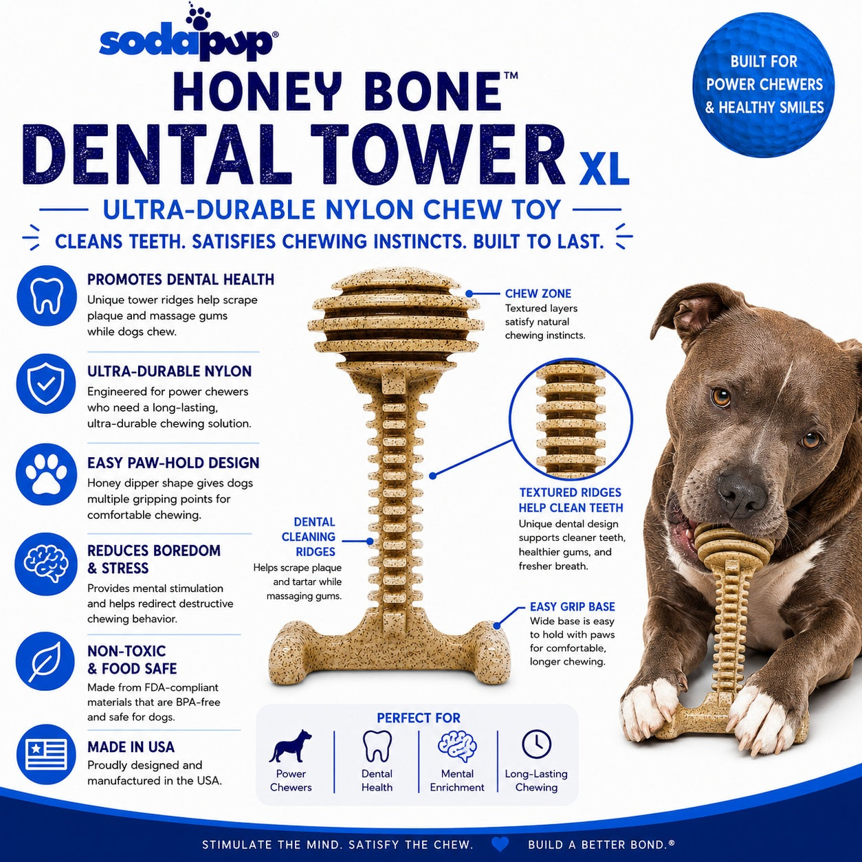Honey Bone Dental Tower - Indestructible Nylon Dog Chew Toy XL | USA Made