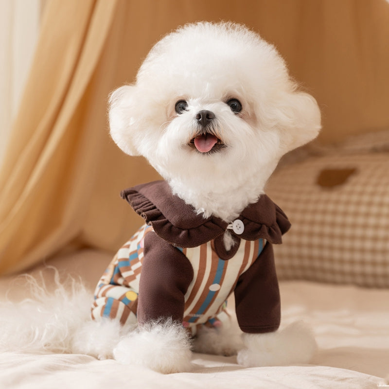 Cute Bear Patch Striped Pet Onesie, Ruffled Collar Dog Jumpsuit With Paw Print Detail For Small Dogs
