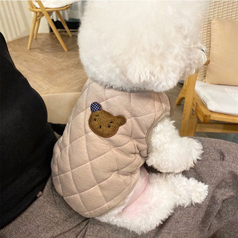 Cute Bear Patch Quilted Pet Vest, Warm Padded Dog Gilet For Small Dogs With Retro Style