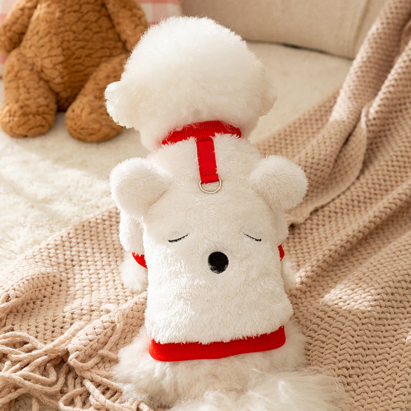 Cute Plush Bear Pet Jacket With Leash Ring, Adorable 3D Bear Face Dog Coat For Small Dogs