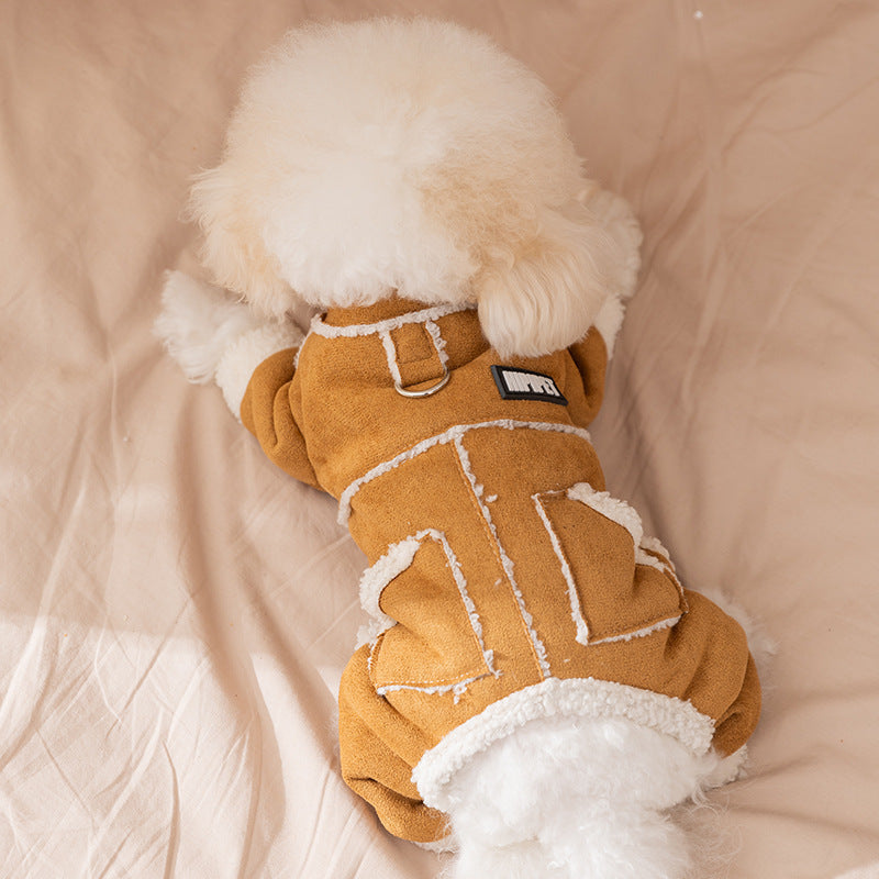 Hipipet Suede Pet Jumpsuit With Sherpa Lining, Warm 4-Leg Dog Coat With Leash Ring & Pockets For Winter
