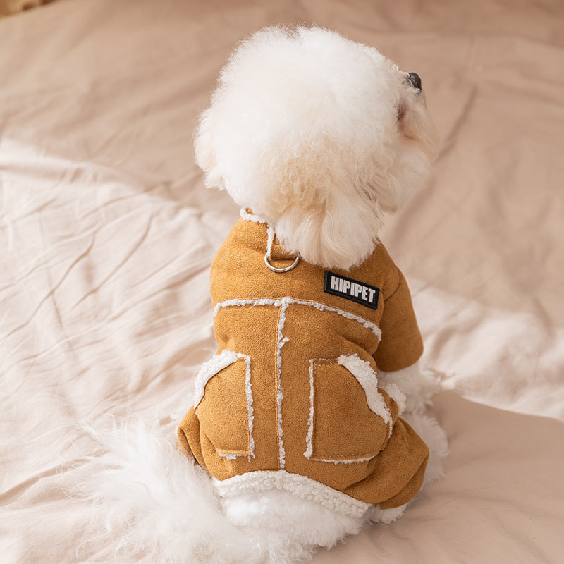 Hipipet Suede Pet Jumpsuit With Sherpa Lining, Warm 4-Leg Dog Coat With Leash Ring & Pockets For Winter
