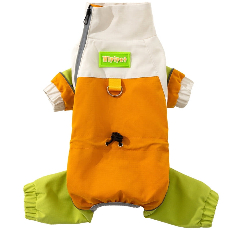 Reflective Color Block Dog Jumpsuit, Waterproof Four-legged Pet Outdoor Coat, Adjustable Design Small Dog Fleece Down Jacket