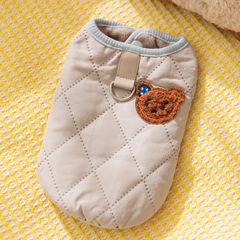 Cute Bear Patch Quilted Pet Vest, Warm Padded Dog Gilet For Small Dogs With Retro Style