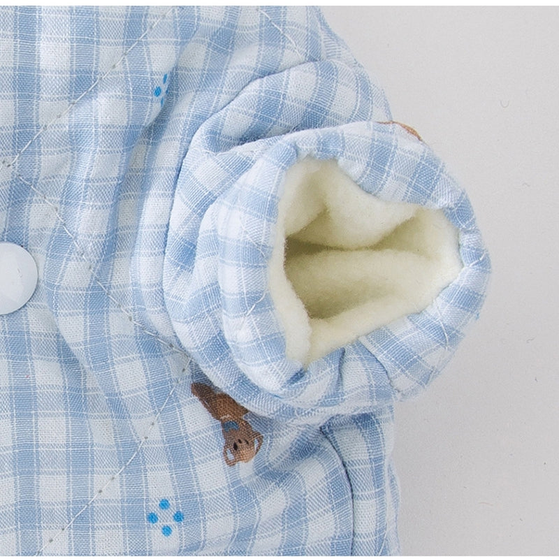Cute Korean Cartoon Checkerboard Pattern Bear Full-printed Four-legged Cotton Coat For Dogs In Autumn And Winter, Teddy Pet Clothes For Cats