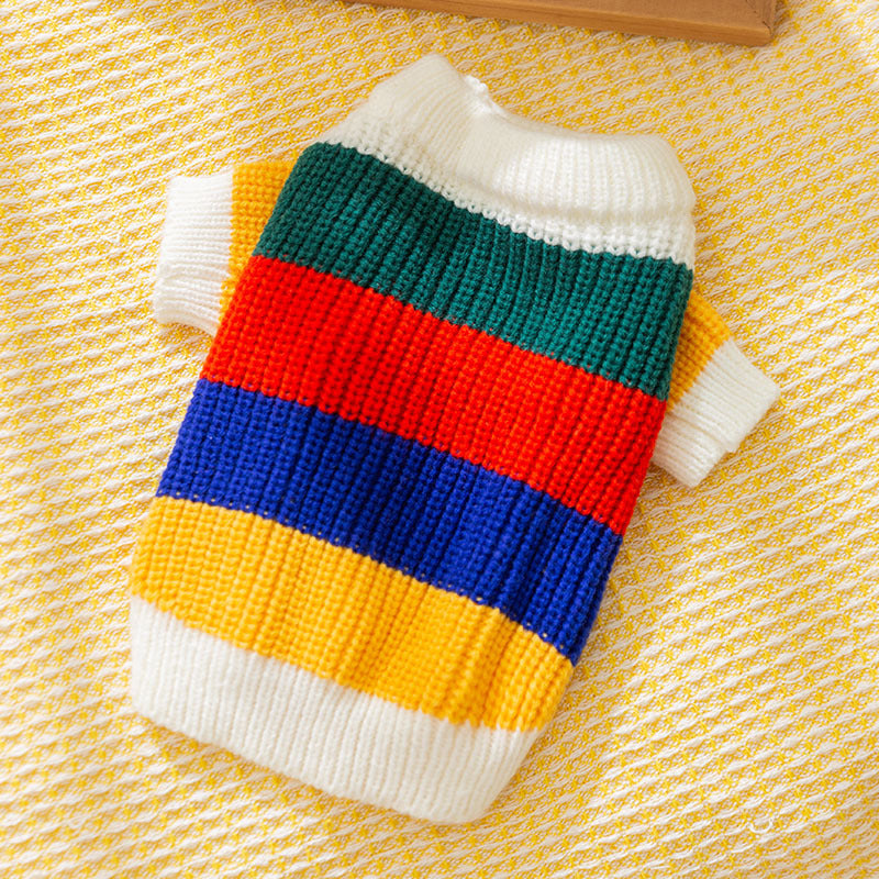 Winter Warm Cat And Dog Clothing Rainbow Striped Knitted Sweater, Cute To Wear For The Party